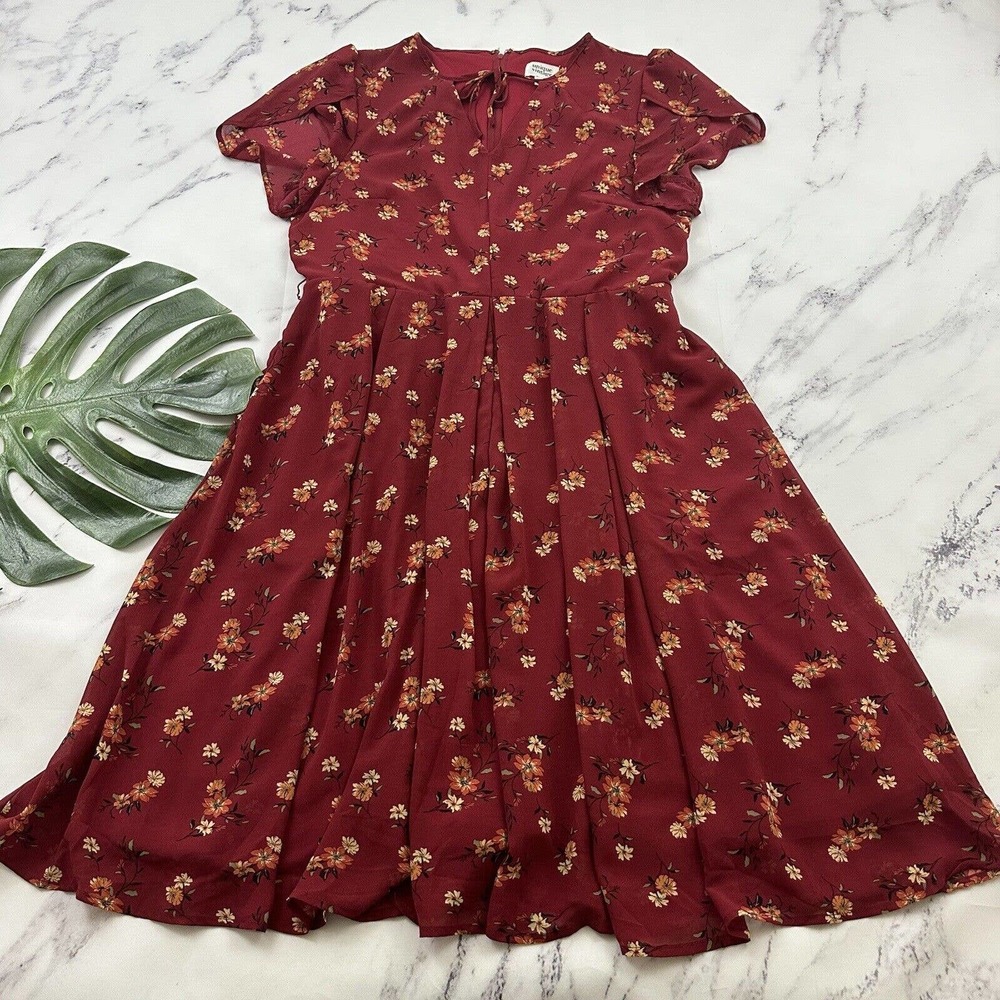 Unique Vintage Retro Midi Dress Size XL 14 Burgundy Red Flutter Sleeve Pockets